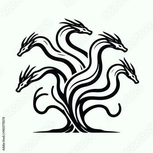 A black and white graphic of a hydra, a mythical creature with multiple heads.