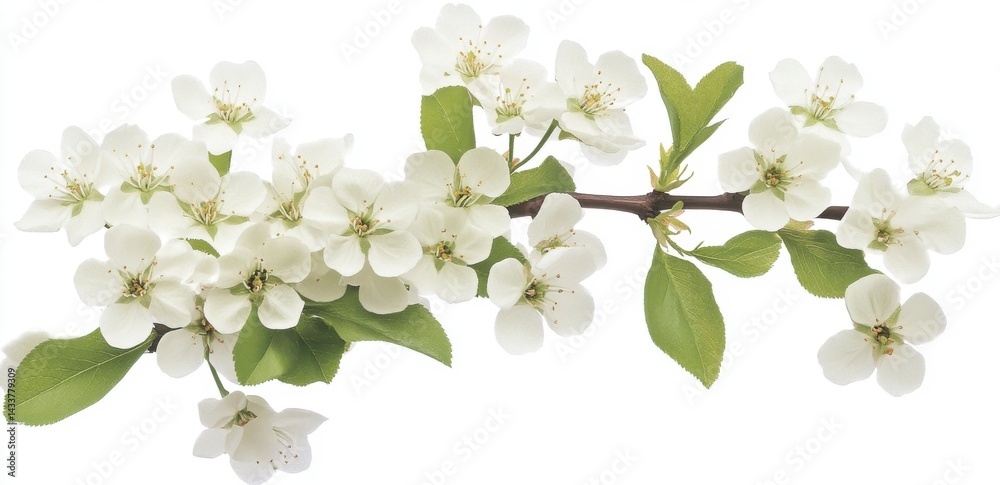 Obraz premium Delicate White Blossoms and Green Leaves on Branch