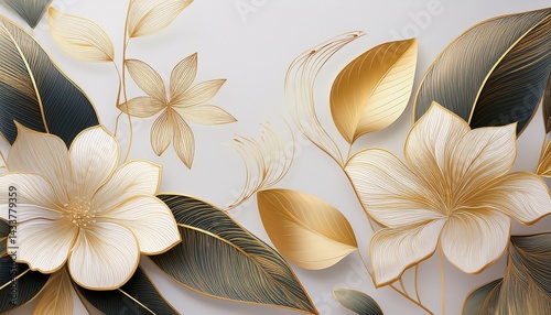 luxury minimal style wallpaper with golden line art flower and botanical leaves soft tone background