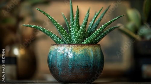 Closeup of Aloe Vera Plant in Teal Ceramic Pot