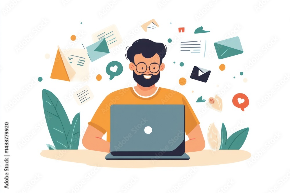 Smiling Adult Man Working on Laptop from Home Office Smiling Adult Man Working on Laptop from Home Office