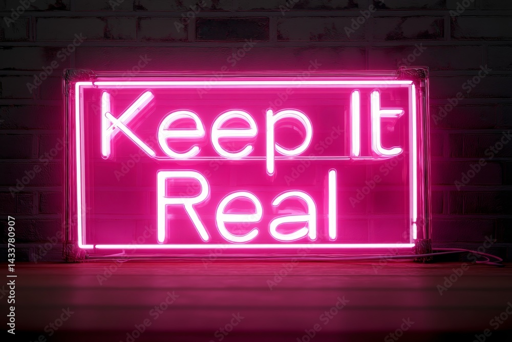 Neon sign displays Keep It Real in vibrant pink lighting against a dark backdrop in a cozy urban setting Neon sign displays Keep It Real in vibrant pink lighting against a dark backdrop in a cozy urban setting