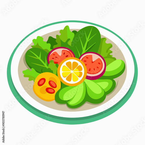Fresh Salad With Greens Tomatoes And Orange Slices In A Plate Flat Illustration