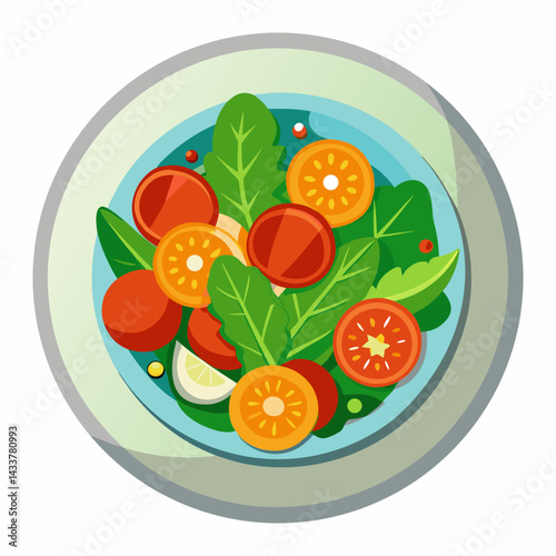 Fresh Salad With Tomatoes Greens And Lemon Slices On Plate Top View