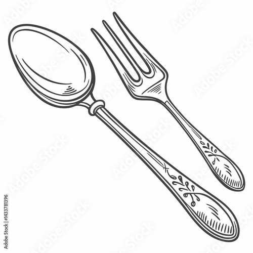 Hand Drawn Spoon And Fork Illustration With Floral Pattern Design Vector