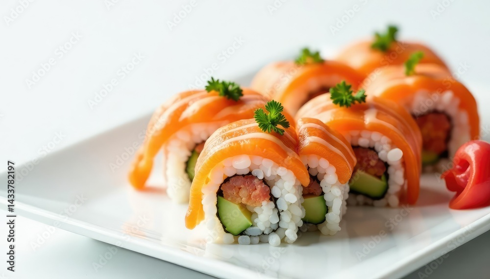 Elegant sushi arrangement on white background, maki, fish, clean Elegant sushi arrangement on white background, maki, fish, clean