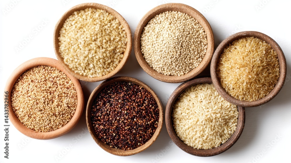 Colorful Array of Natural Grains and Seeds in Rustic Bowls on White Background Colorful Array of Natural Grains and Seeds in Rustic Bowls on White Background