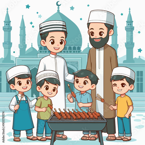 A muslim family enjoys a festive barbecue near a mosque.