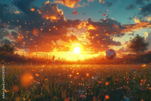 Sunset soccer field, child playing, flowers, background