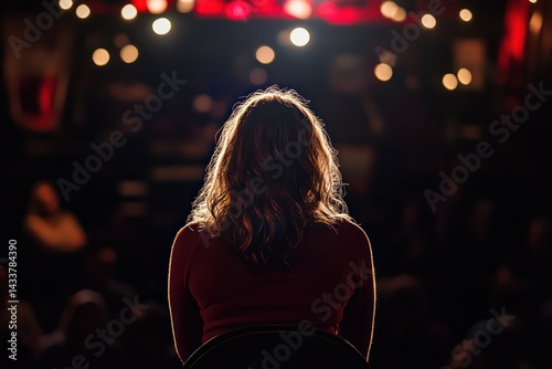Rear View of Woman Comedian Performing to Live Audience