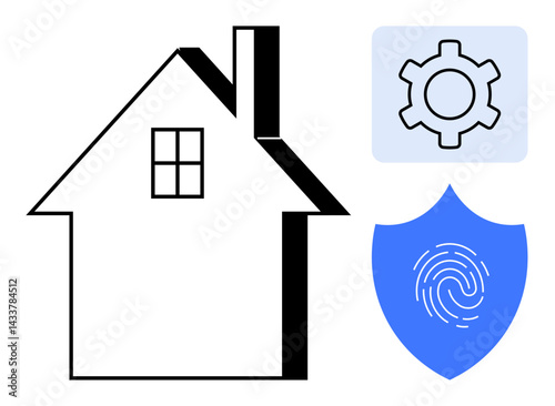 House silhouette with a gear icon and fingerprint shield symbolizing smart home technology, security, and automation. Ideal for security solutions, technology, innovation, safety, automation, home