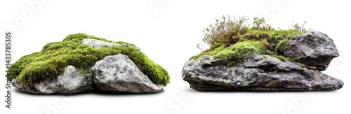 Two mossy rocks isolated on white background