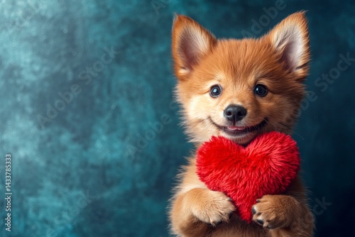 Finnish spitz - my treasured dog. Ad conceptual art. Cute finnish spitz doggy with fluffy red heart - sign of love, funny greeting card. Love and companionship. Pet-themed valentine's day. photo