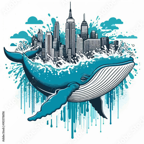 A stylized illustration of a whale holding the New York City skyline, symbolizing environmental issues.