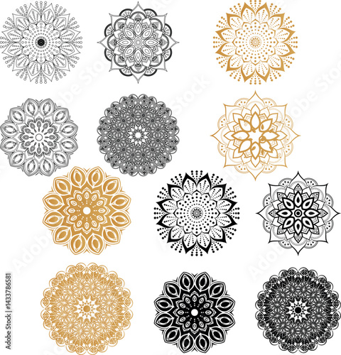 Vector set of mandala ornamental graphic element. symmetrical drawing and geometric configuration of symbols in various spiritual traditional mandalas on white background.