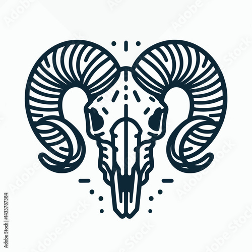 A stylized, graphic ram skull design in a line art style.