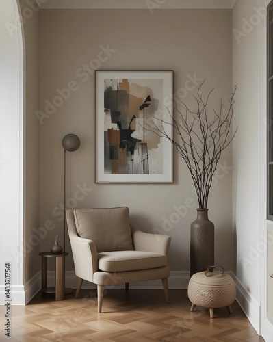 Neutral reading corner interior with minimalist armchair, abstract wall art and warm-toned sculptural decorations