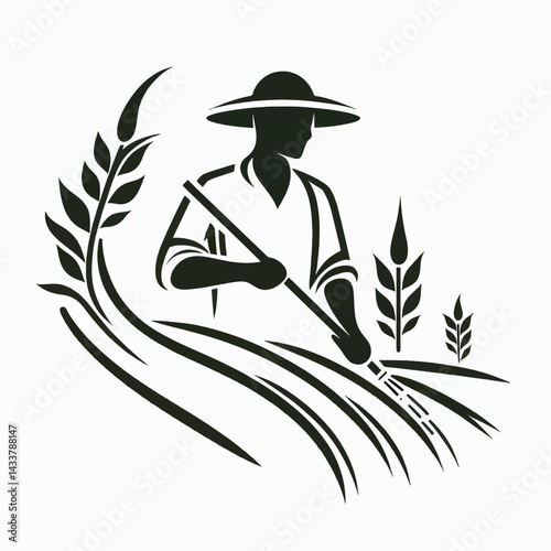 A stylized illustration of a farmer working a wheat field.