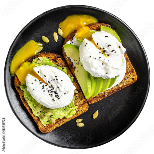 Sandwich with avocado and Poached Egg. Toast sliced avocado and egg on plate isolated on white background. Top view.