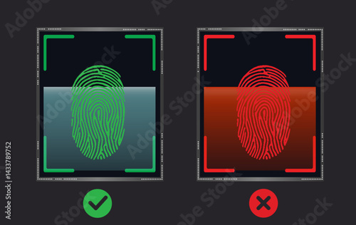 Biometric access control. Security system. Finger print accepted and reject icon.