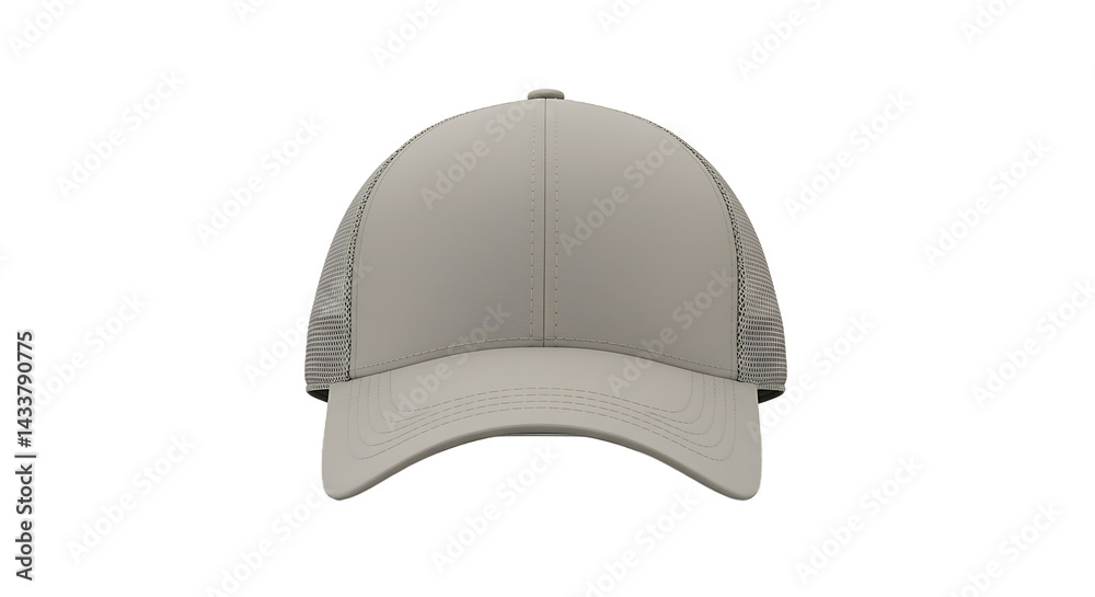 Fototapeta premium Close up front view of a light beige baseball cap with mesh back on a black background