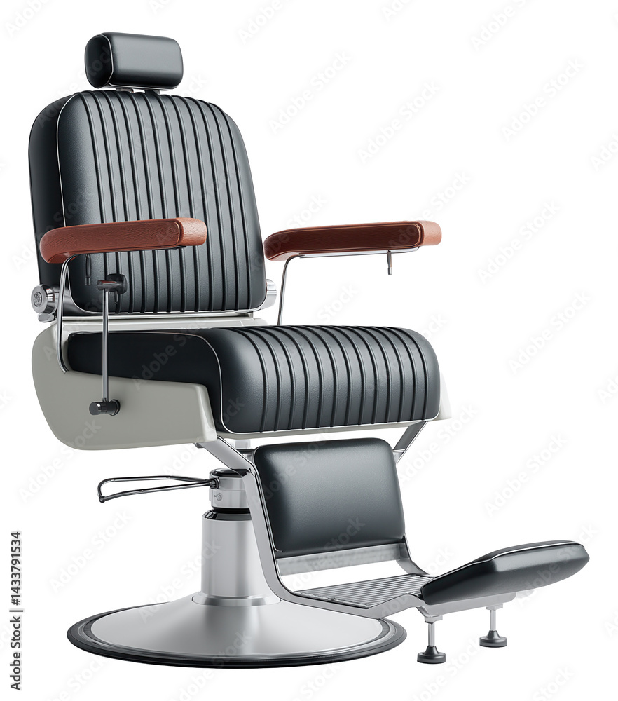 Black and chrome barber chair with padded seat and footrest.