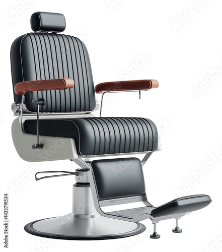 Obraz na płótnie Black and chrome barber chair with padded seat and footrest. w salonie