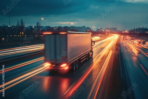 Truck driving on highway at night with traffic blur