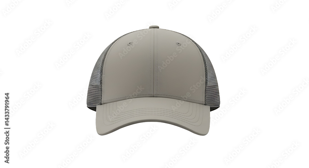 Fototapeta premium A close up of a beige trucker hat with a mesh back on a black background in a studio setting view