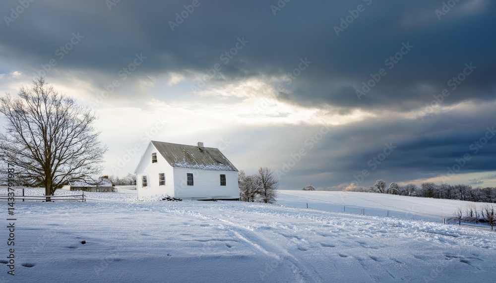 White Farmhouse on a Snowy Landscape Under a Dramatic Winter Sky White Farmhouse on a Snowy Landscape Under a Dramatic Winter Sky