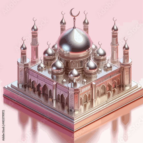 A beautiful 3D rendering of a detailed Islamic mosque in polished silver metal, set against a soft pink backdrop.