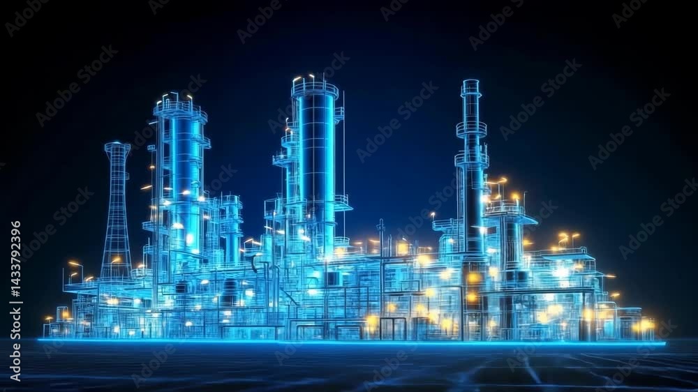 Holographic oil refinery plant representing the digitalization and automation of heavy industry processes