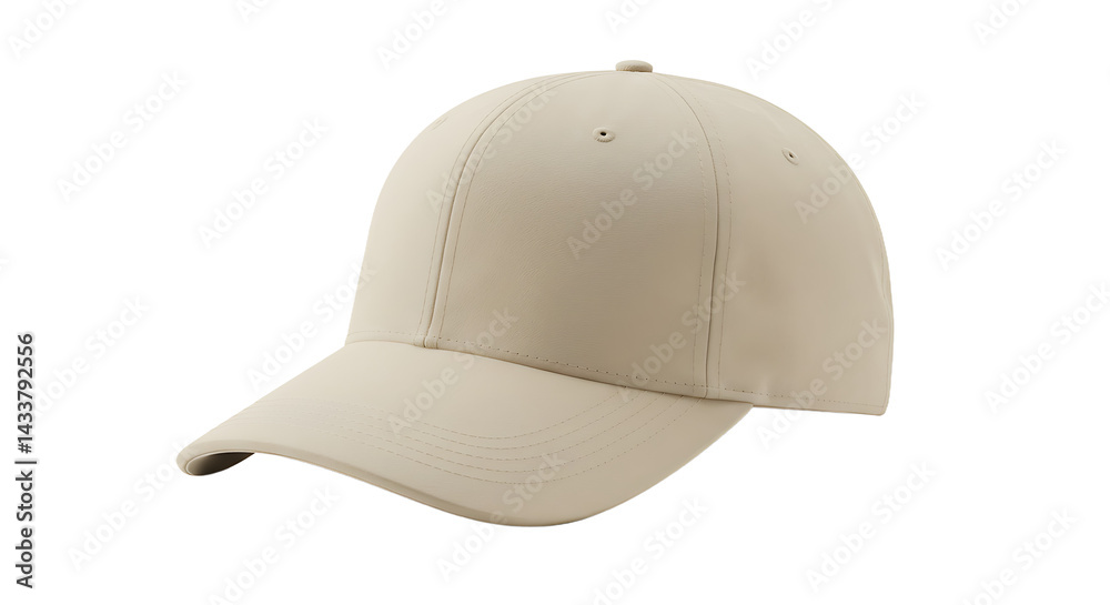 Fototapeta premium A close up of a beige baseball cap with a curved brim against a black background in soft lighting