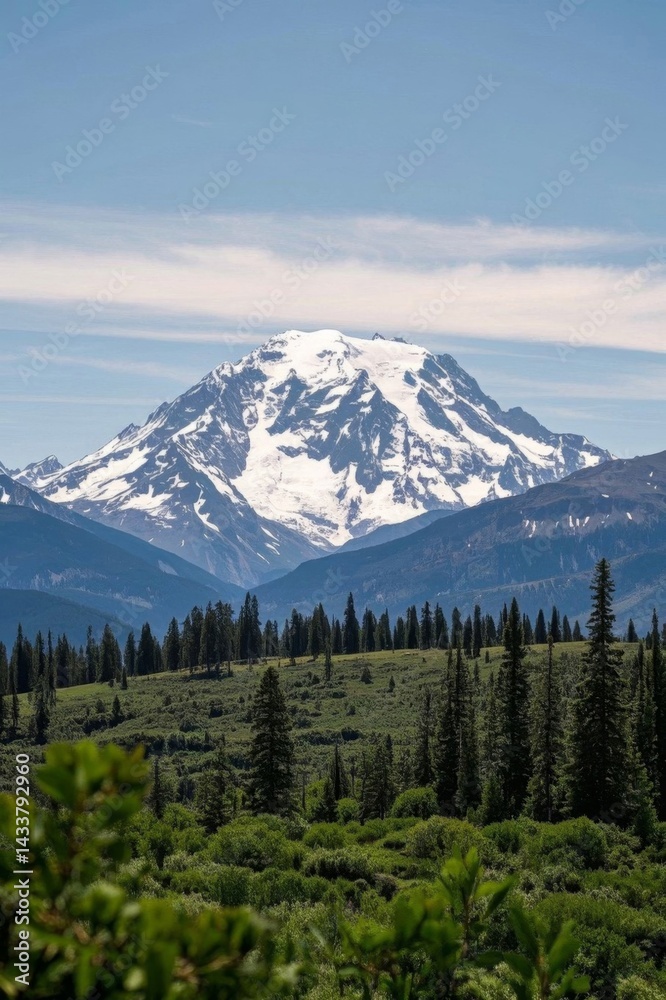 Obraz premium arafed mountain with snow on top and trees in the foreground