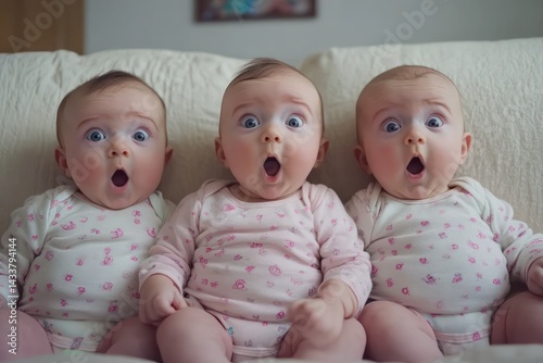 Three triplet babies with funny faces sitting together
