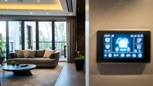Wall-mounted tablet in a smart home controlling systems, symbolizing digitalization, automation, and convenience
