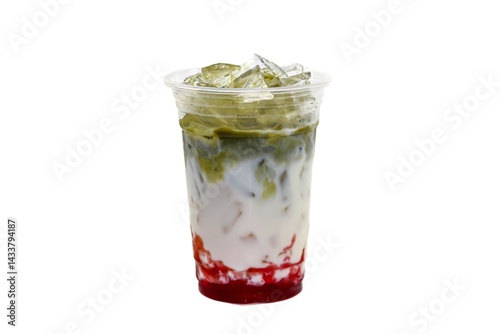 Ready for drink with ice green tea mix with jelly cream and serving on wooden plates in white background and isolate concept.