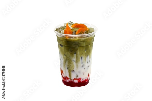 Ready for drink with ice matcha green tea and strawberry milk on white background and isolate concept.