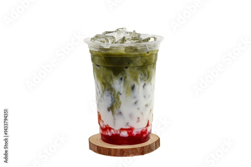 Matcha latte served with coconut milk and sliced for topping put on white background, isolate style.