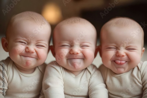 Three triplet babies with funny faces sitting together photo