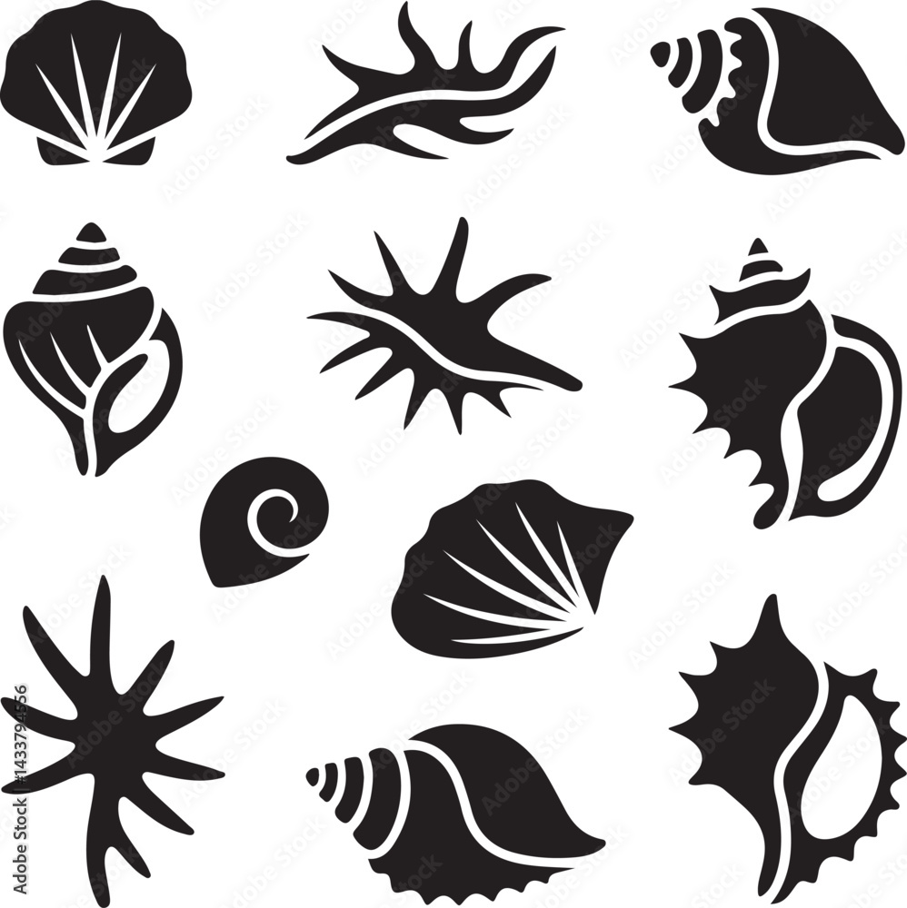 Collection of Black Silhouette Seashells and Starfish Collection of Black Silhouette Seashells and Starfish