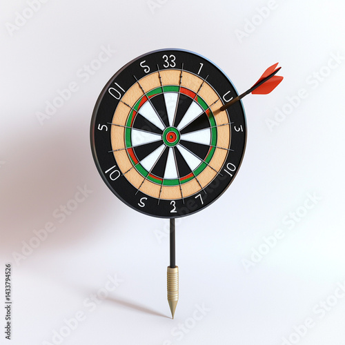 3D bullseye with accurate dart hit, isolated on white