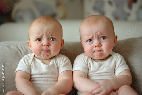 Two babies sitting with funny and cute expressions