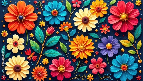 Bold floral motifs arranged in a tessellated square grid , grid, tessellated