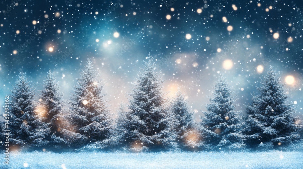Snowy Pine Forest at Night with Glowing Lights Snowy Pine Forest at Night with Glowing Lights