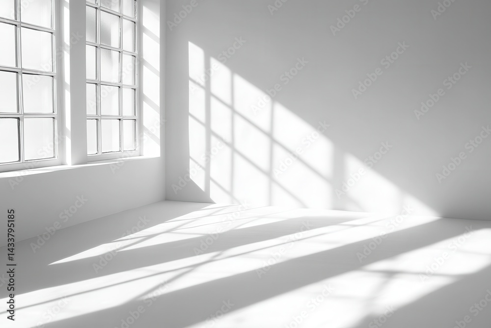 Fototapeta premium Sunlight streams through a large window, casting long shadows on a white room
