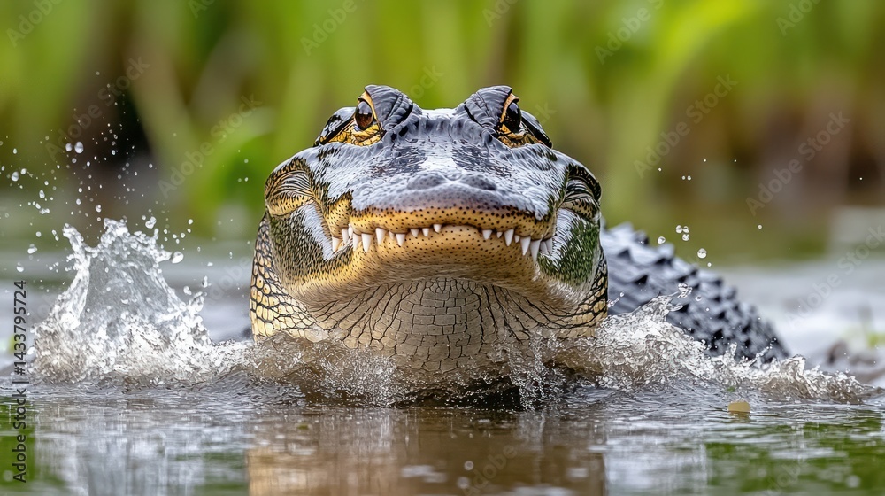 Obraz premium Crocodile emerging from water, displaying teeth