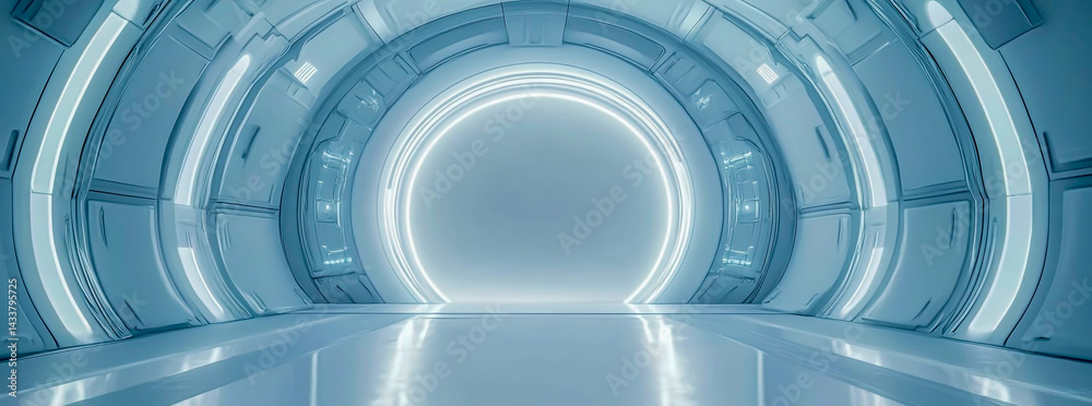 Fototapeta premium Futuristic white space station interior with a circular window