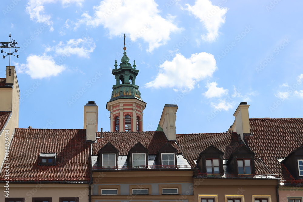 Fototapeta premium Blue sky with clouds and top of the building, church without trees