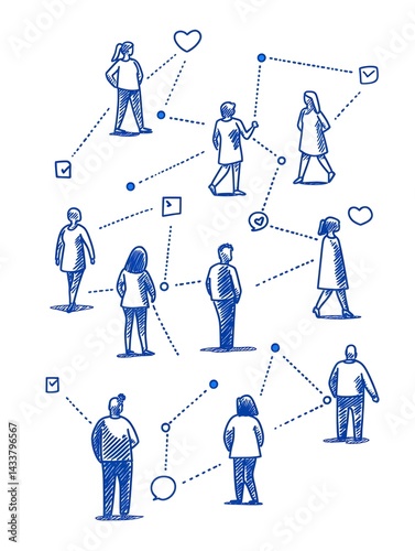 Network of interconnected people sharing messages, thoughts, and feelings symbolized by lines and icons